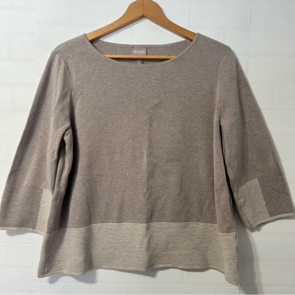Chico's Cream Light Beige 3/4 Sleeve Contemporary Minimalist Sweater Top M or 2
